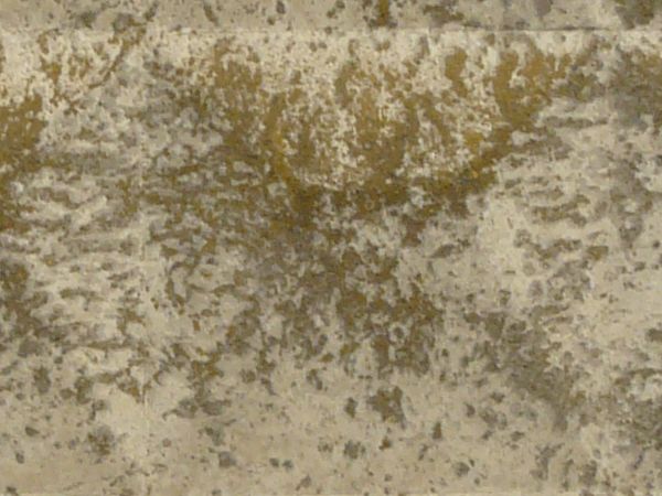 Concrete fence texture made up of rectangular slaps sloping upward, each with convex, white and grey square bricks. Patches of greenish-brown discoloration are visible throughout.